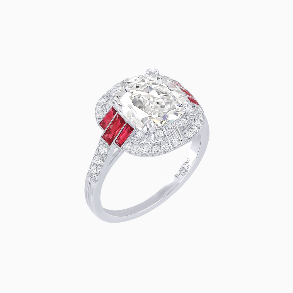 Art Deco Style Cushion Cut Ring Mounting with Diamond Halo and colored Side Gemstones