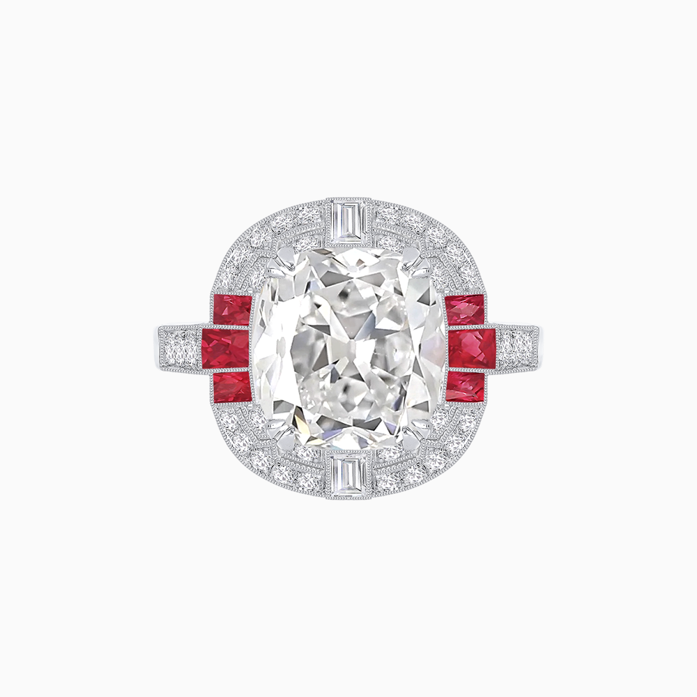 Art Deco Style Cushion Cut Ring Mounting with Diamond Halo and colored Side Gemstones