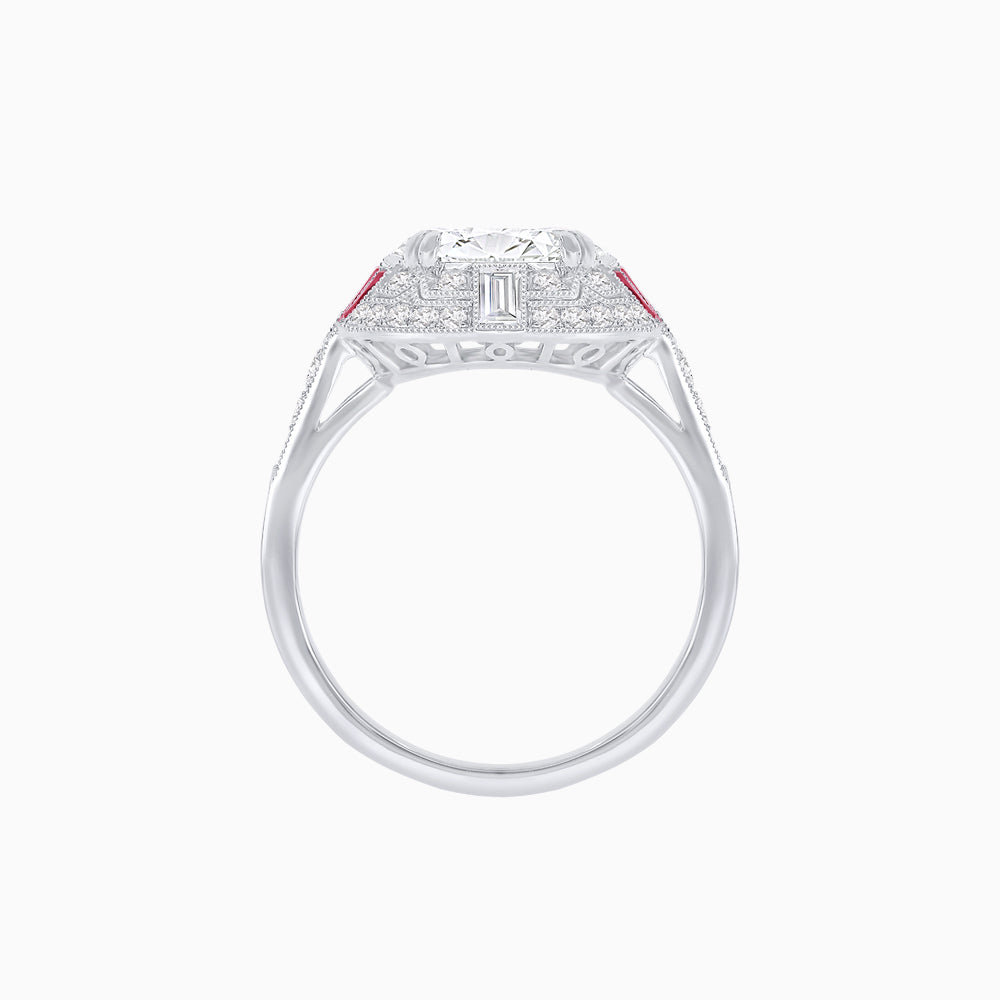 Art Deco Style Cushion Cut Ring Mounting with Diamond Halo and colored Side Gemstones