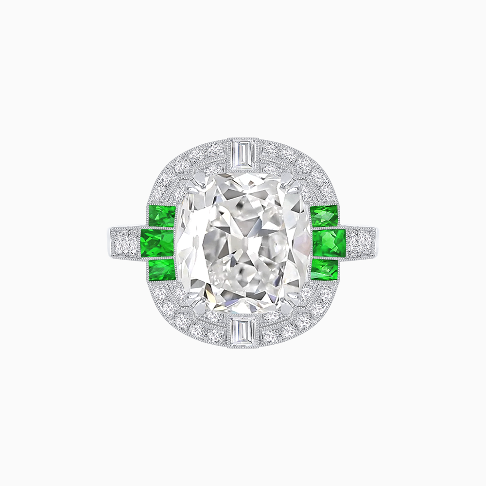 Art Deco Style Cushion Cut Ring Mounting with Diamond Halo and colored Side Gemstones