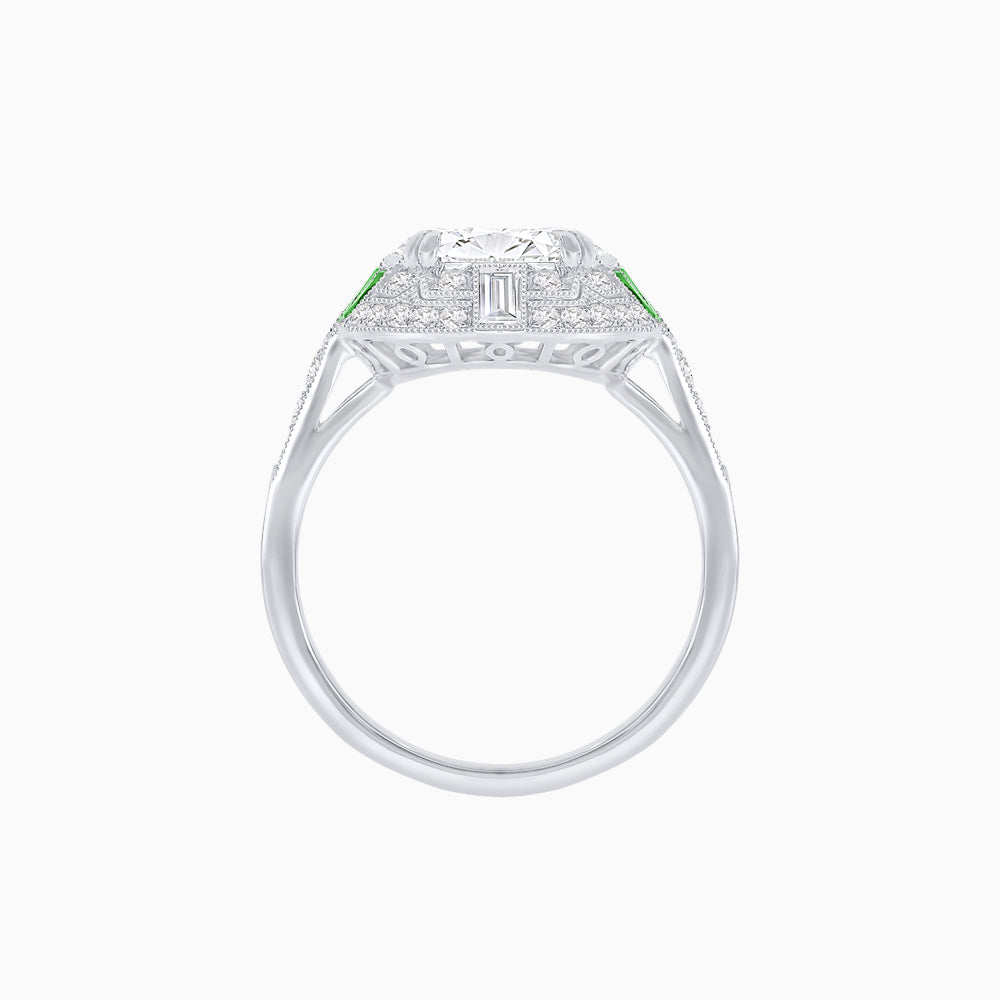 Art Deco Style Cushion Cut Ring Mounting with Diamond Halo and colored Side Gemstones