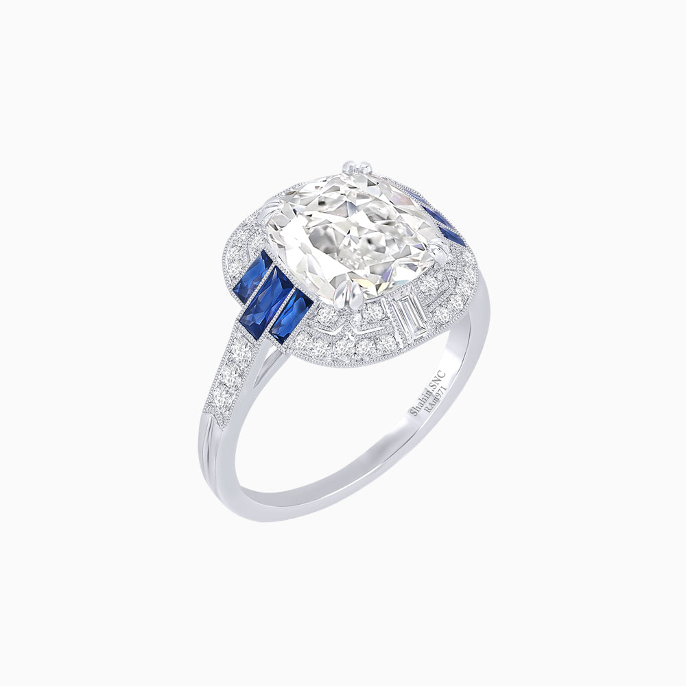 Art Deco Style Cushion Cut Ring Mounting with Diamond Halo and colored Side Gemstones
