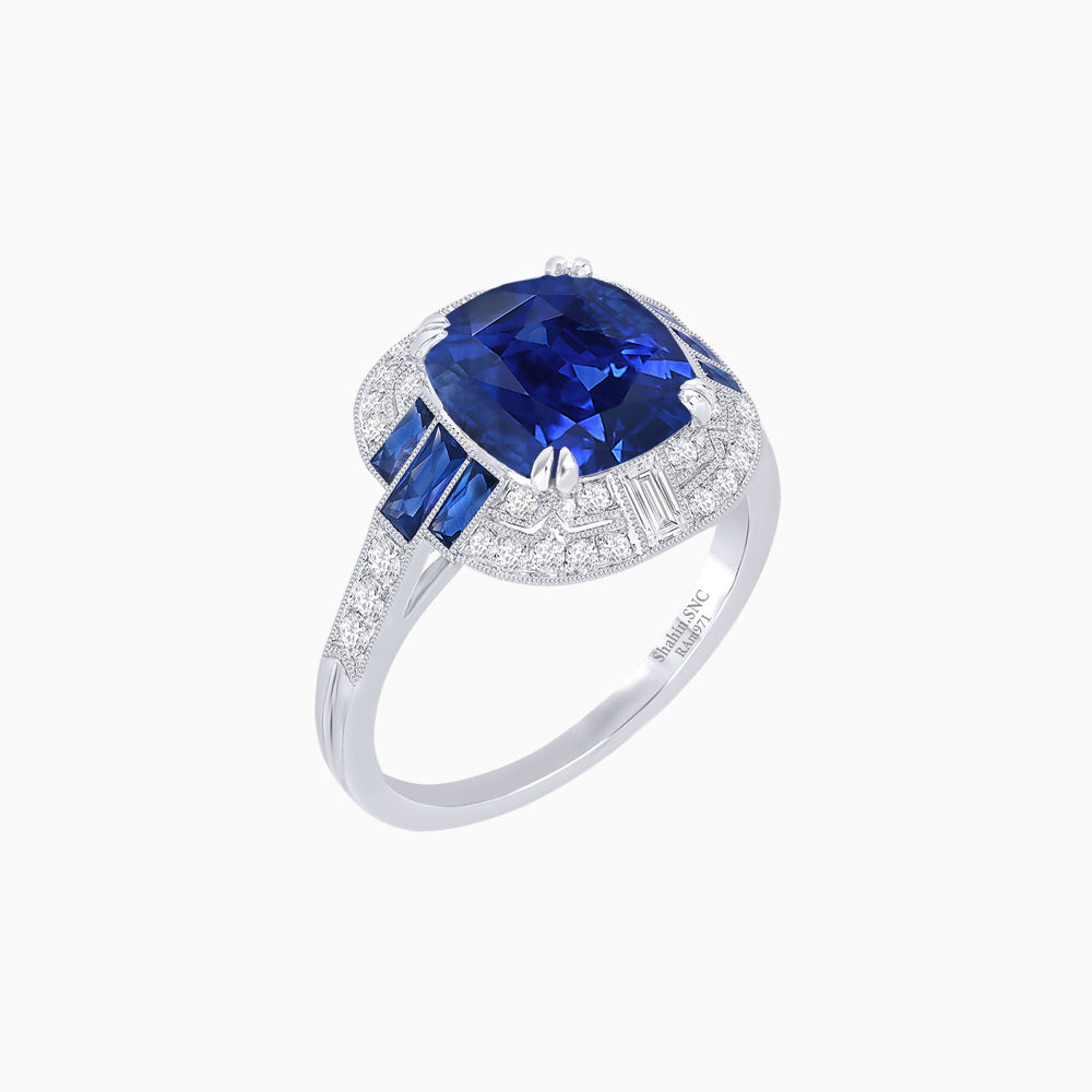 Art Deco Style Cushion Cut Ring Mounting with Diamond Halo and colored Side Gemstones