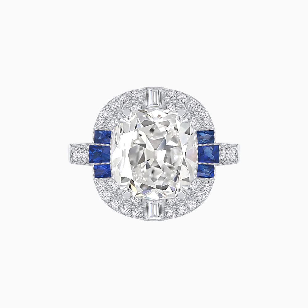 Art Deco Style Cushion Cut Ring Mounting with Diamond Halo and colored Side Gemstones