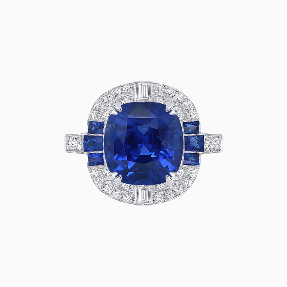 Art Deco Style Cushion Cut Ring Mounting with Diamond Halo and colored Side Gemstones