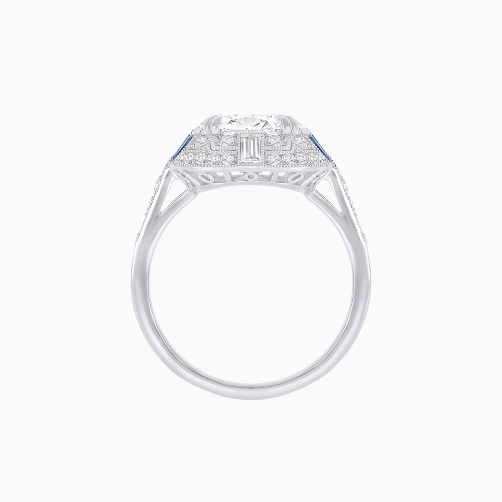 Art Deco Style Cushion Cut Ring Mounting with Diamond Halo and colored Side Gemstones
