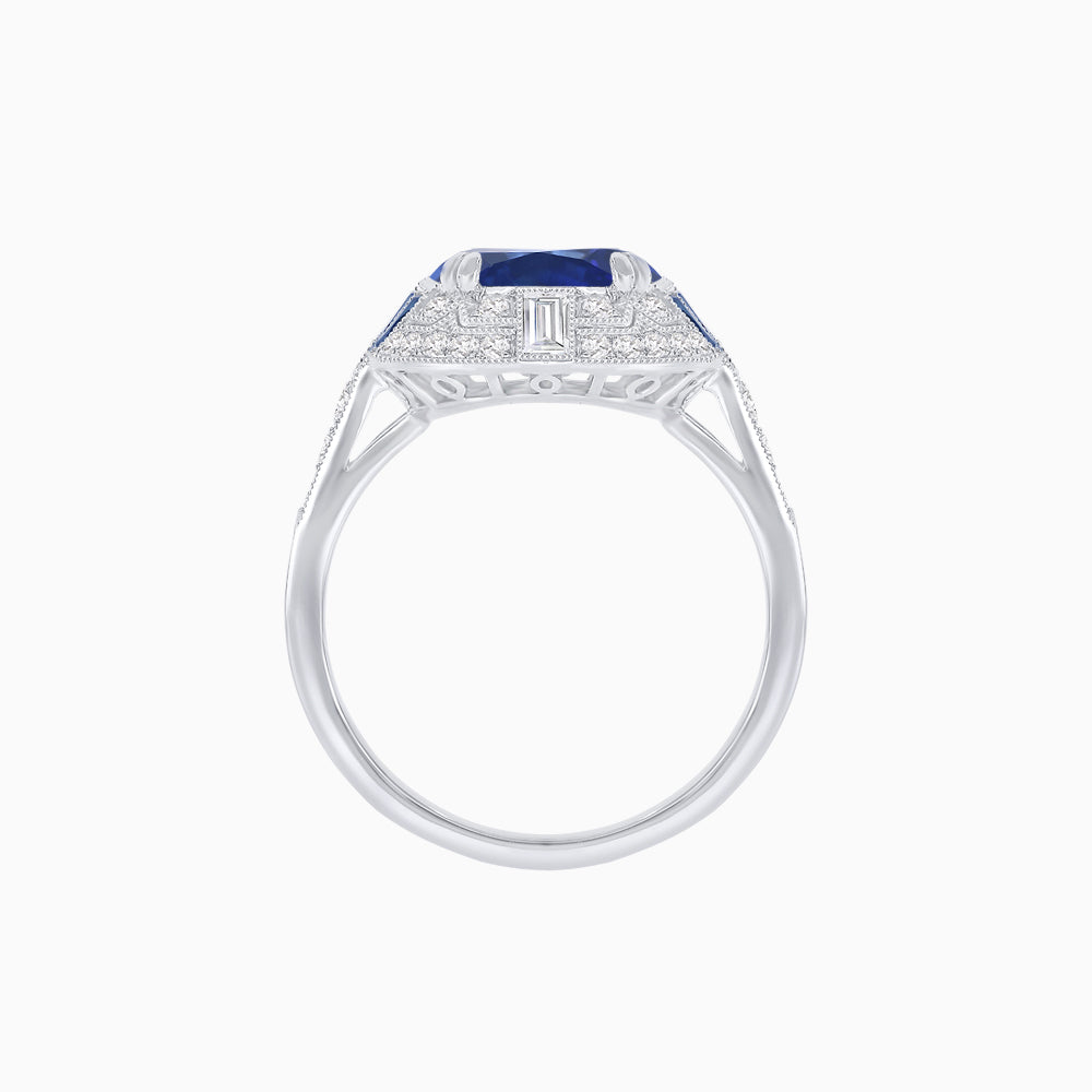 Art Deco Style Cushion Cut Ring Mounting with Diamond Halo and colored Side Gemstones