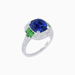 Load image into Gallery viewer, Art Deco Style Cushion Cut Ring Mounting with Diamond Halo and colored Side Gemstones