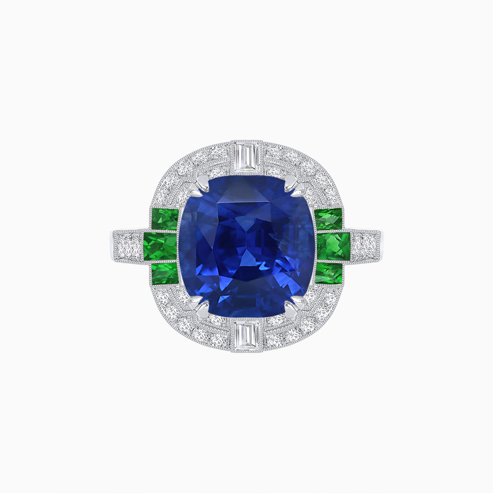 Art Deco Style Cushion Cut Ring Mounting with Diamond Halo and colored Side Gemstones
