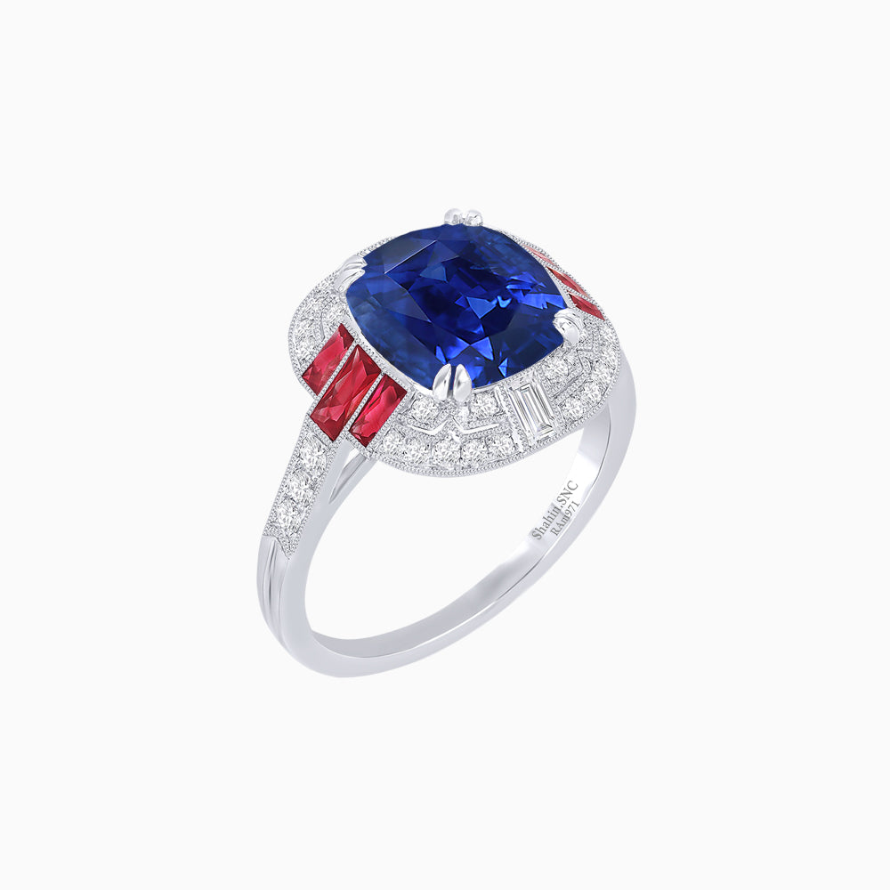 Art Deco Style Cushion Cut Ring Mounting with Diamond Halo and colored Side Gemstones