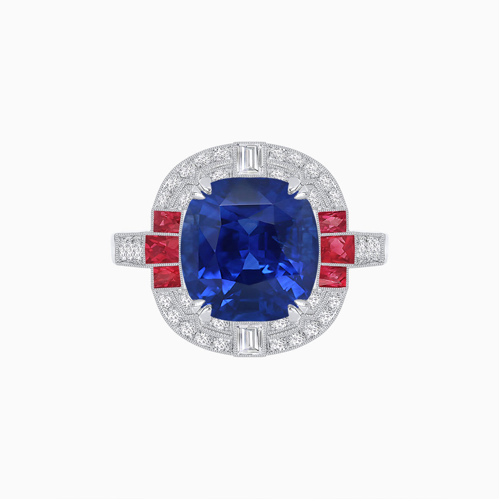 Art Deco Style Cushion Cut Ring Mounting with Diamond Halo and colored Side Gemstones