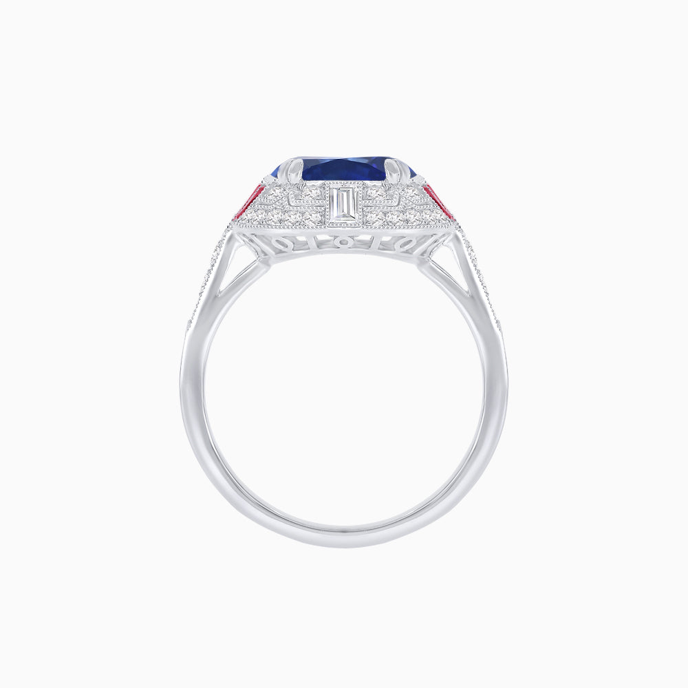 Art Deco Style Cushion Cut Ring Mounting with Diamond Halo and colored Side Gemstones