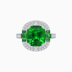 Load image into Gallery viewer, Art Deco Style Cushion Cut Ring Mounting with Diamond Halo and colored Side Gemstones