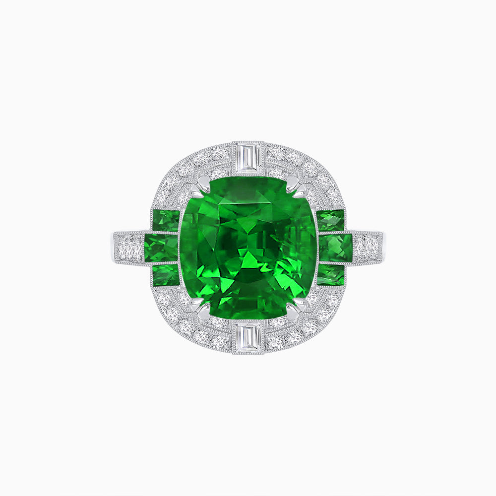 Art Deco Style Cushion Cut Ring Mounting with Diamond Halo and colored Side Gemstones