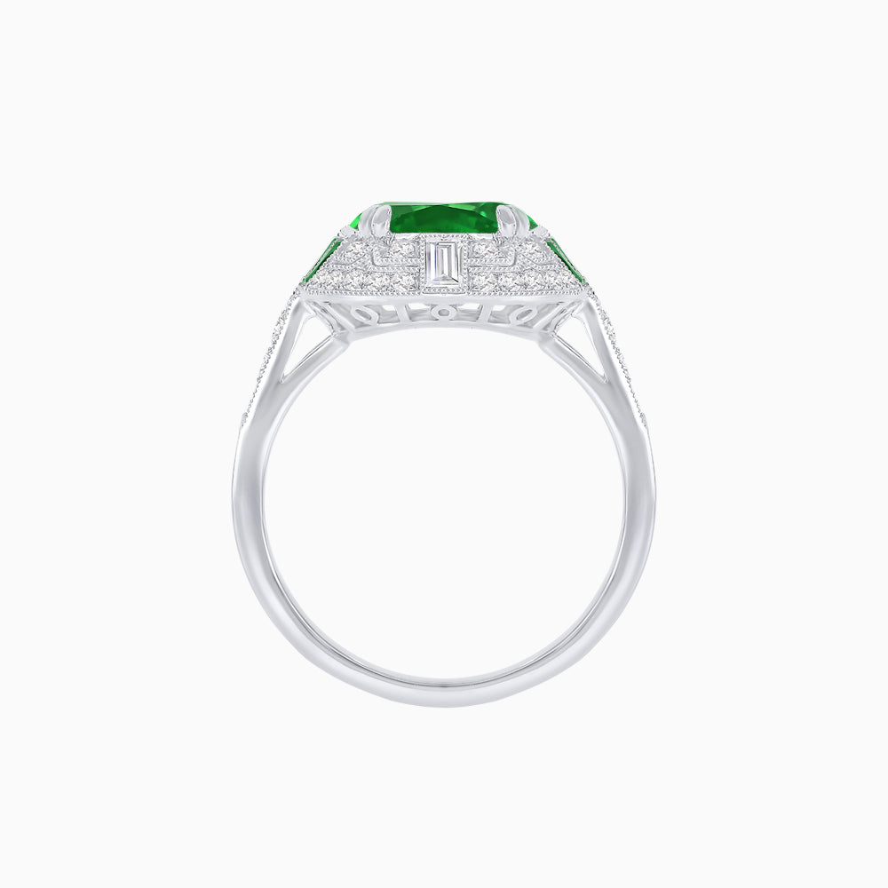 Art Deco Style Cushion Cut Ring Mounting with Diamond Halo and colored Side Gemstones