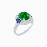 Load image into Gallery viewer, Art Deco Style Cushion Cut Ring Mounting with Diamond Halo and colored Side Gemstones