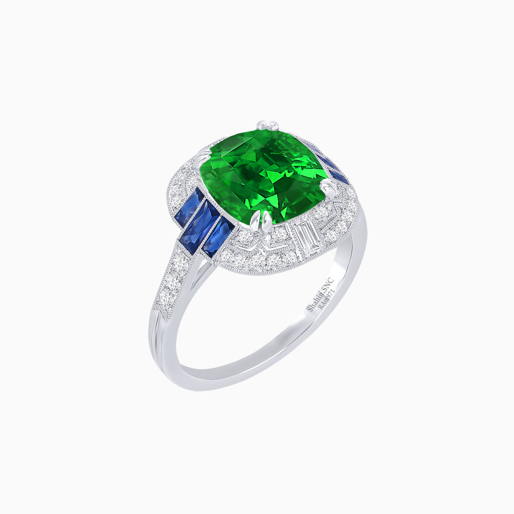 Art Deco Style Cushion Cut Ring Mounting with Diamond Halo and colored Side Gemstones