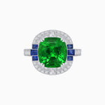 Load image into Gallery viewer, Art Deco Style Cushion Cut Ring Mounting with Diamond Halo and colored Side Gemstones
