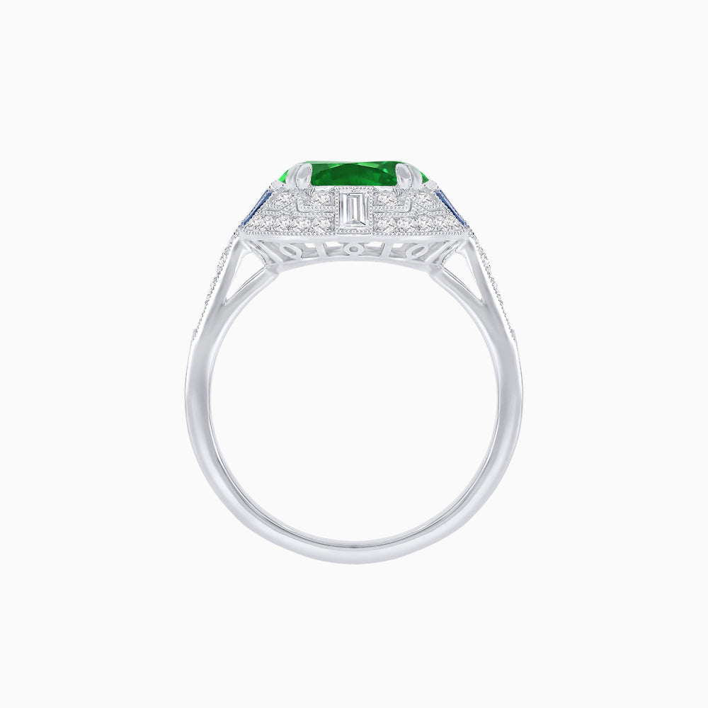 Art Deco Style Cushion Cut Ring Mounting with Diamond Halo and colored Side Gemstones