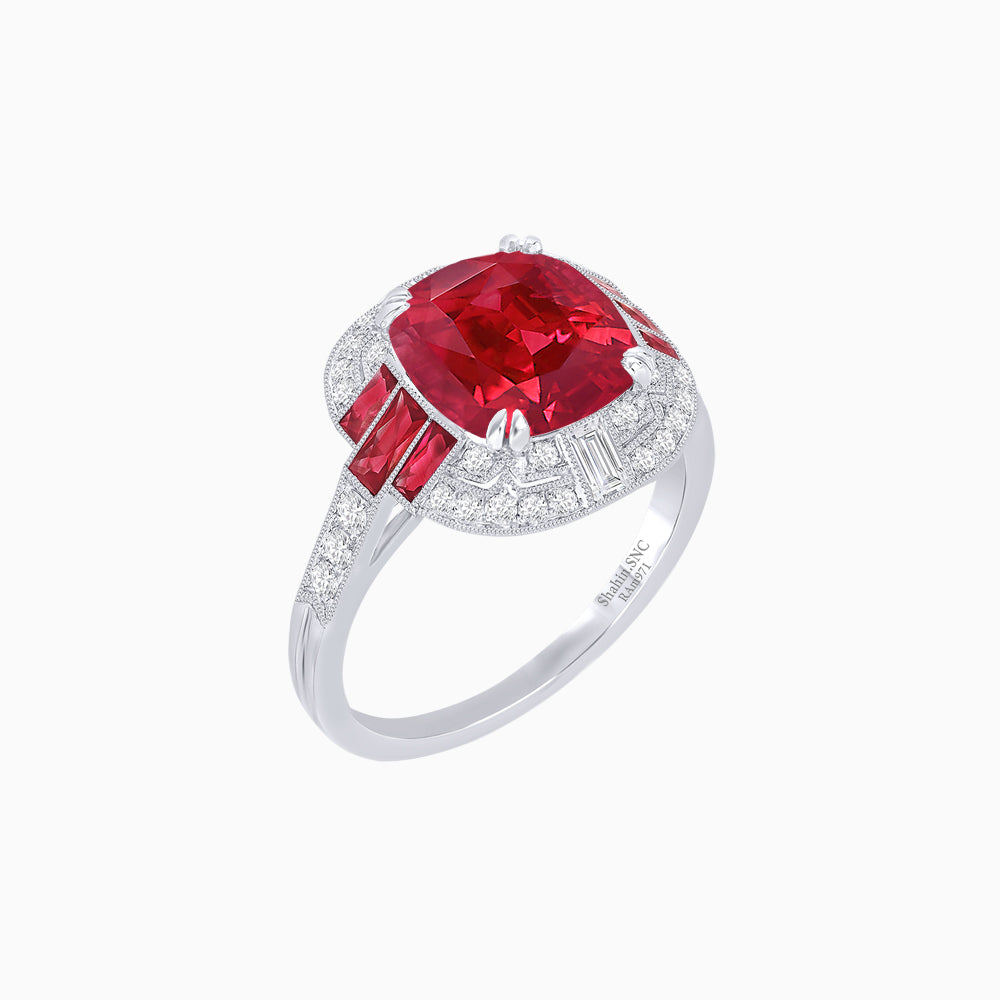 Art Deco Style Cushion Cut Ring Mounting with Diamond Halo and colored Side Gemstones