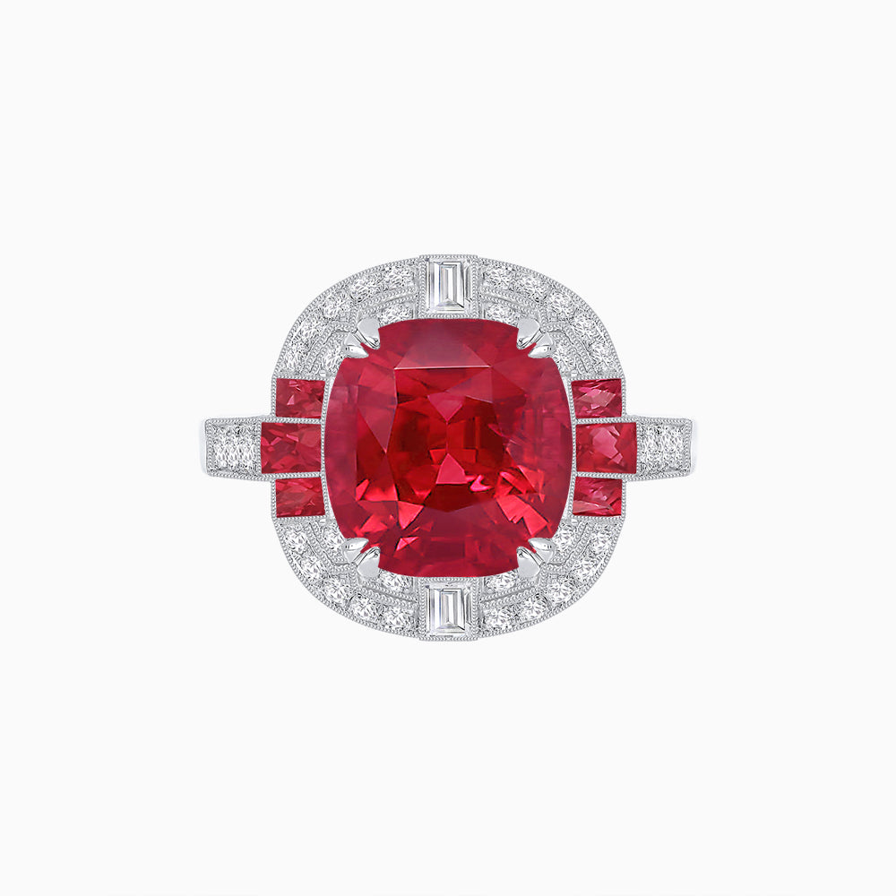 Art Deco Style Cushion Cut Ring Mounting with Diamond Halo and colored Side Gemstones