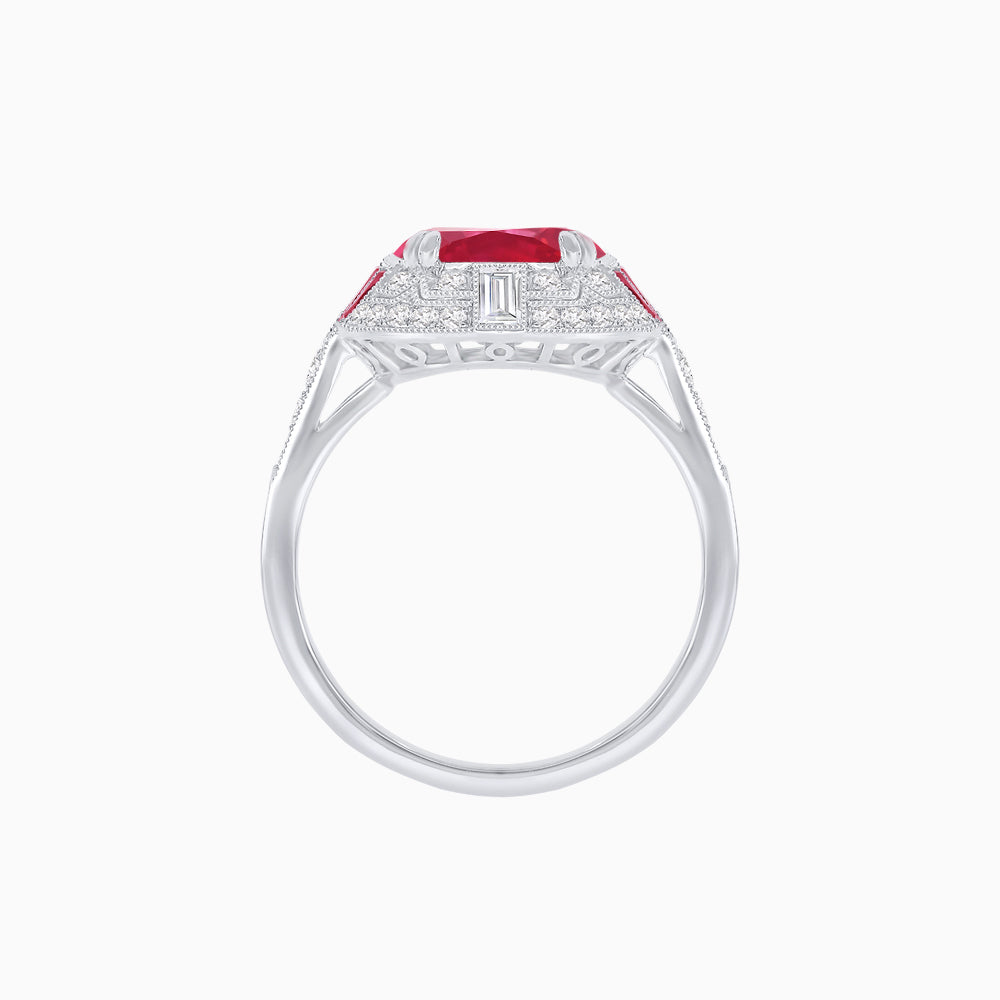 Art Deco Style Cushion Cut Ring Mounting with Diamond Halo and colored Side Gemstones