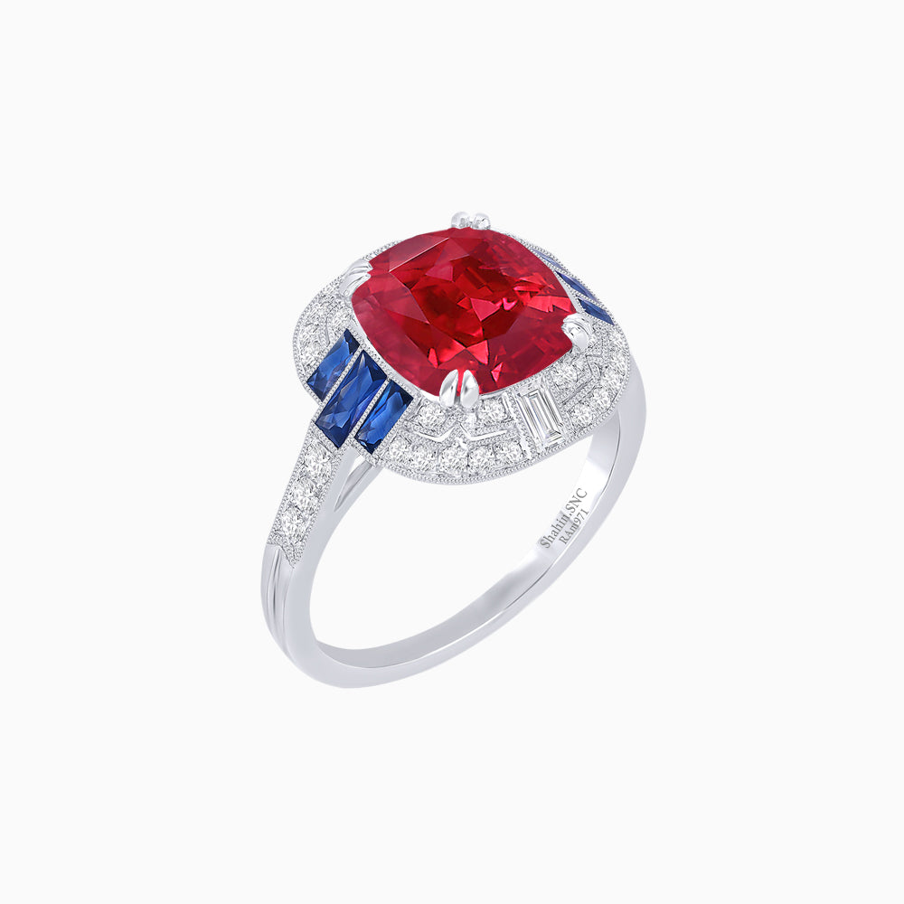 Art Deco Style Cushion Cut Ring Mounting with Diamond Halo and colored Side Gemstones