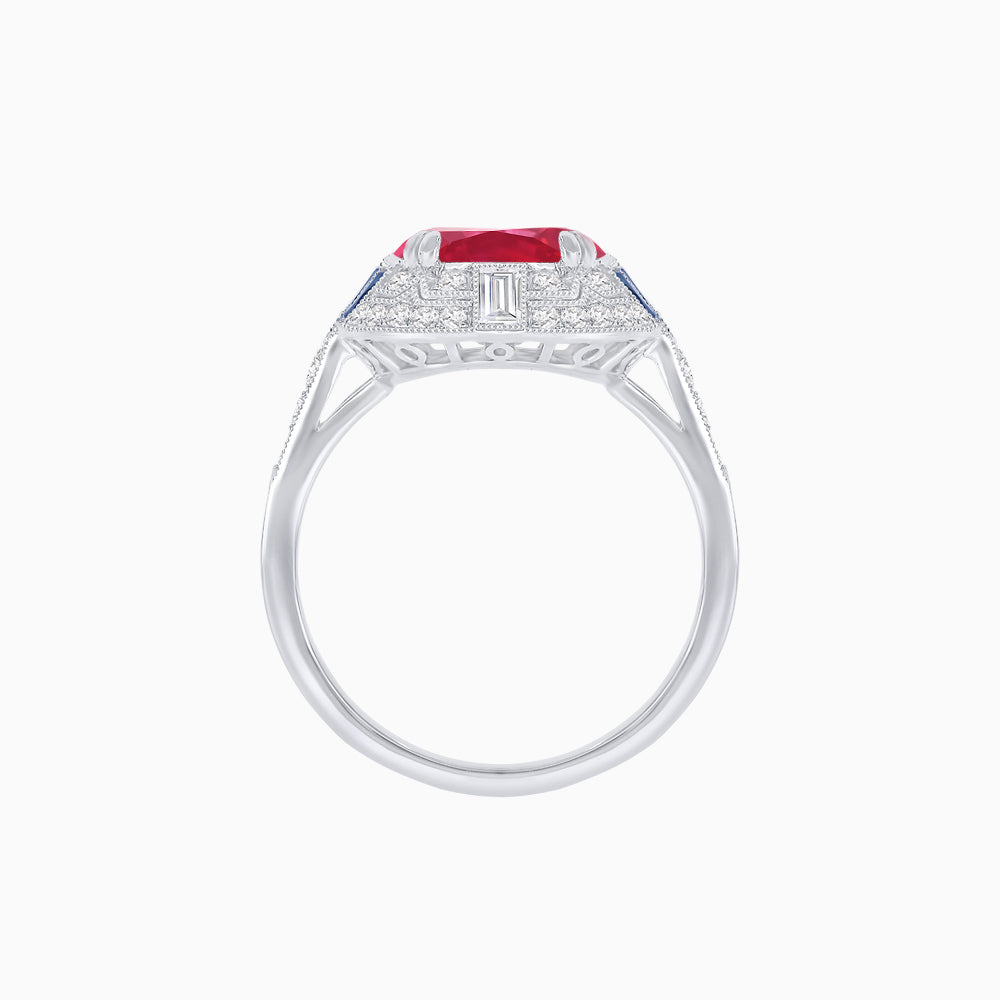 Art Deco Style Cushion Cut Ring Mounting with Diamond Halo and colored Side Gemstones