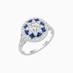 Load image into Gallery viewer, Art Deco Inspired Round Cut Halo Ring with Calibré Gemstone Accents