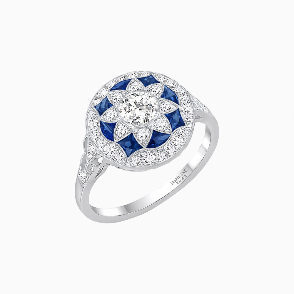 Art Deco Inspired Round Cut Halo Ring with Calibré Gemstone Accents