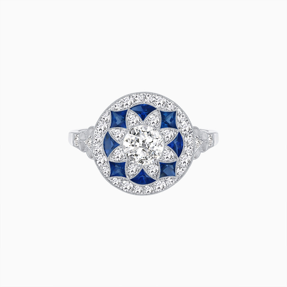 Art Deco Inspired Round Cut Halo Ring with Calibré Gemstone Accents