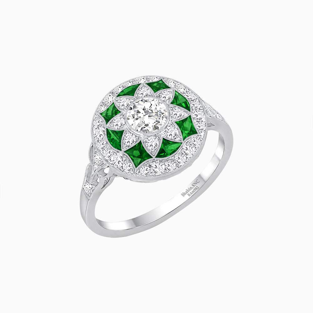 Art Deco Inspired Round Cut Halo Ring with Calibré Gemstone Accents