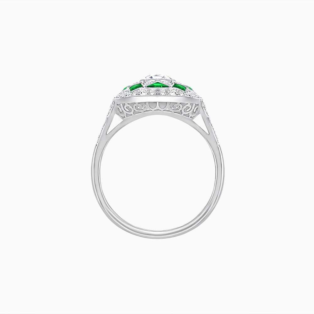 Art Deco Inspired Round Cut Halo Ring with Calibré Gemstone Accents