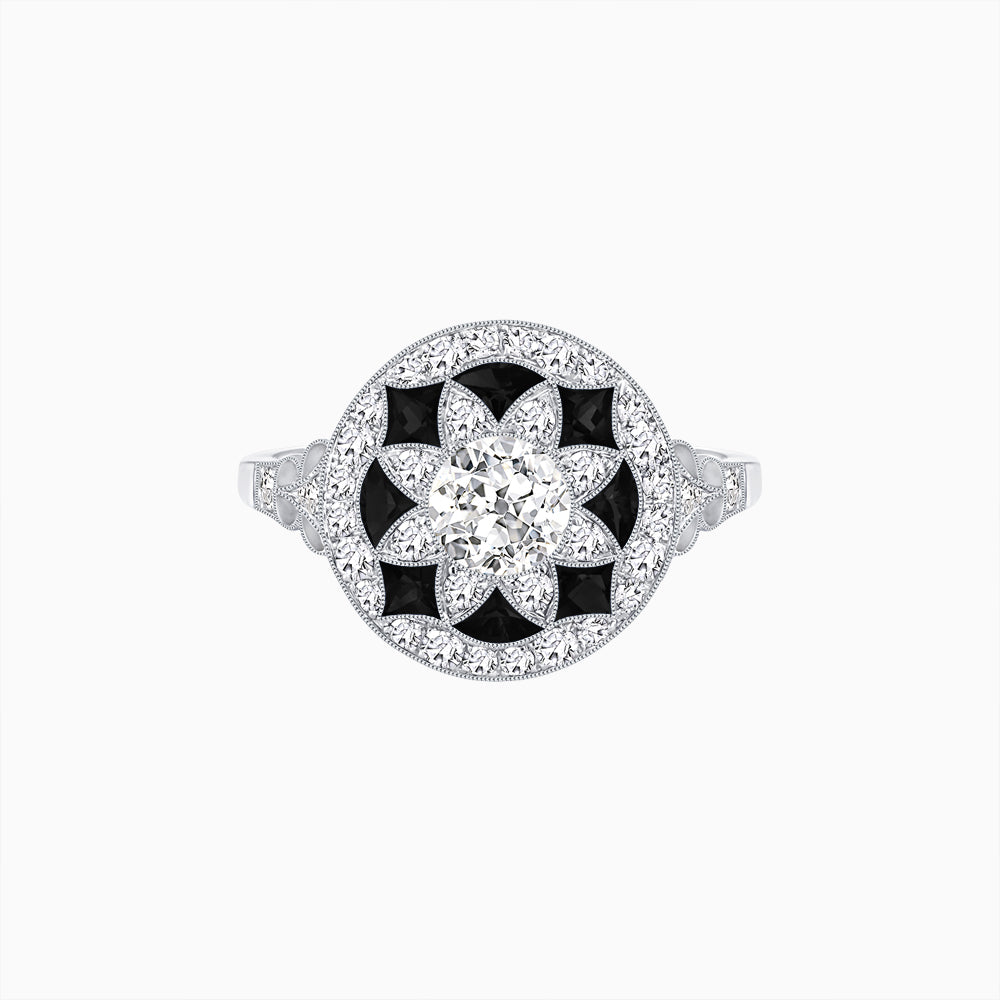 Art Deco Inspired Round Cut Halo Ring with Calibré Gemstone Accents