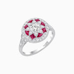 Load image into Gallery viewer, Art Deco Inspired Round Cut Halo Ring with Calibré Gemstone Accents