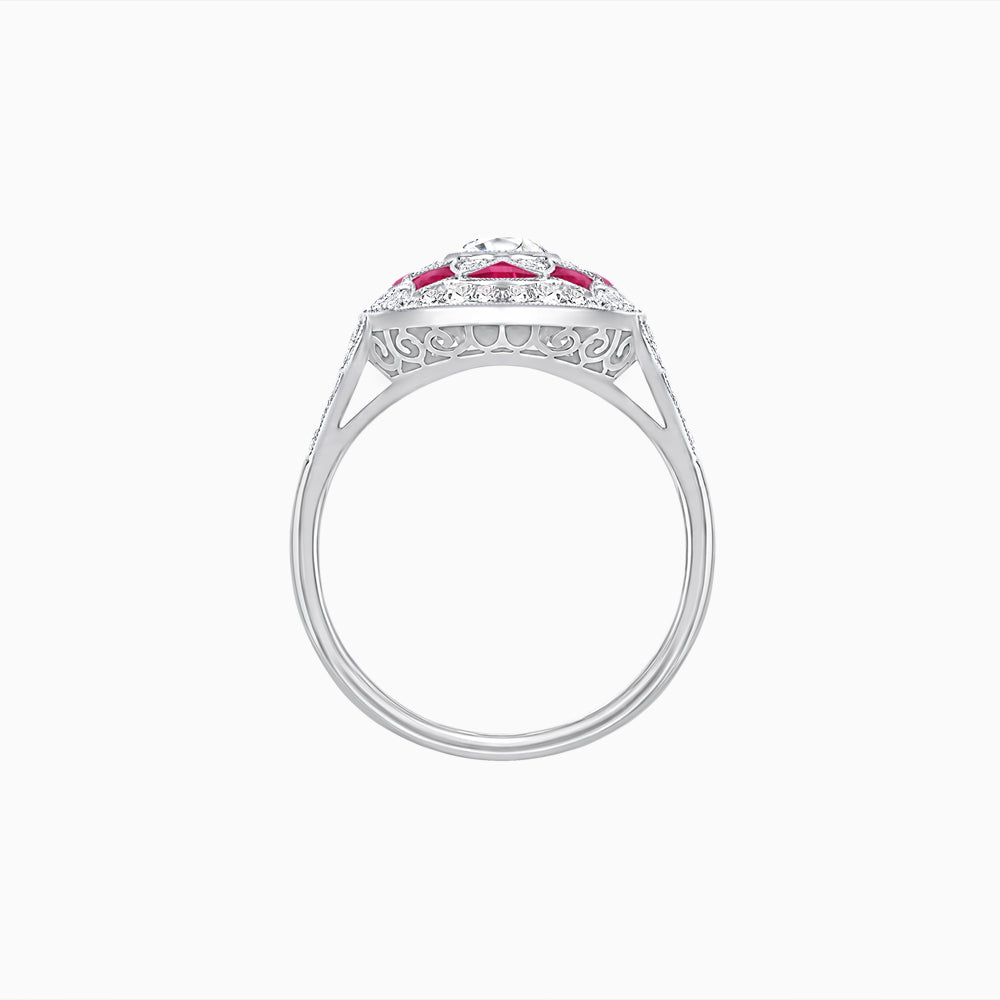 Art Deco Inspired Round Cut Halo Ring with Calibré Gemstone Accents
