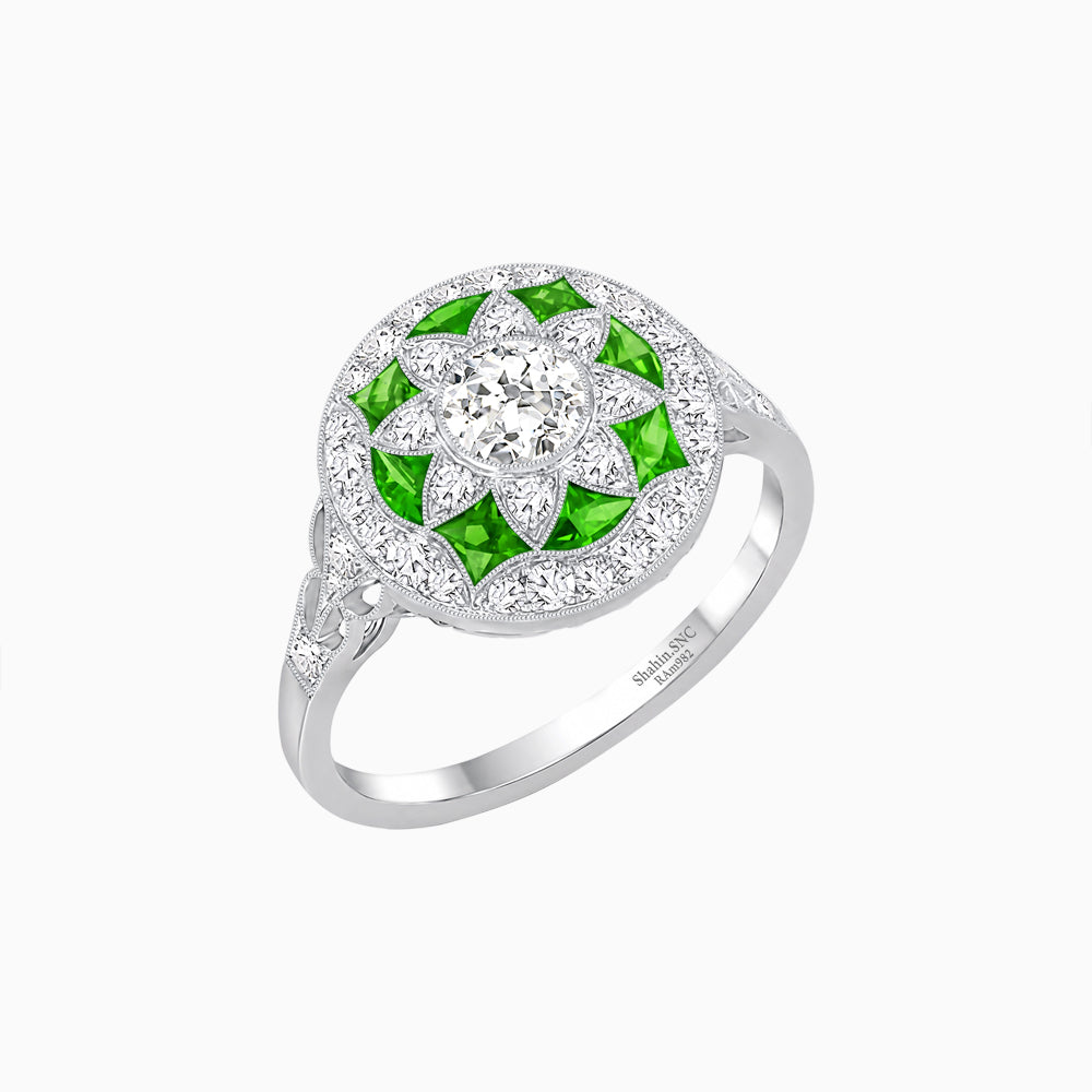 Art Deco Inspired Round Cut Halo Ring with Calibré Gemstone Accents