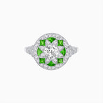 Load image into Gallery viewer, Art Deco Inspired Round Cut Halo Ring with Calibré Gemstone Accents