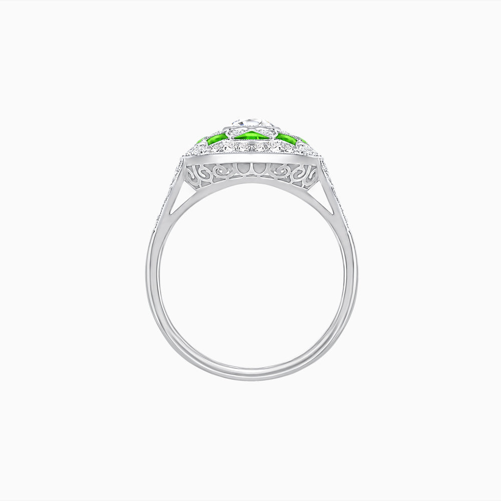 Art Deco Inspired Round Cut Halo Ring with Calibré Gemstone Accents