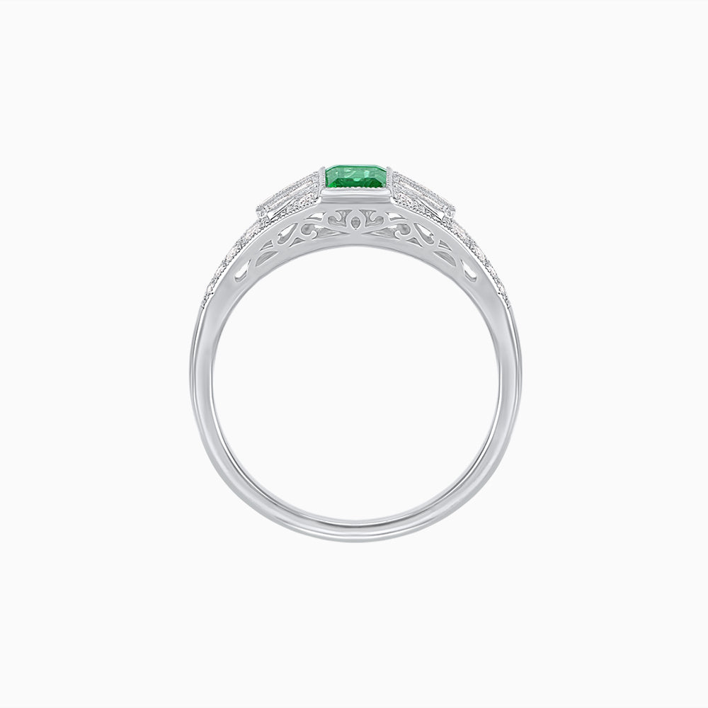 Art Deco Inspired Three-Stone Bezel Framed Ring with Diamond