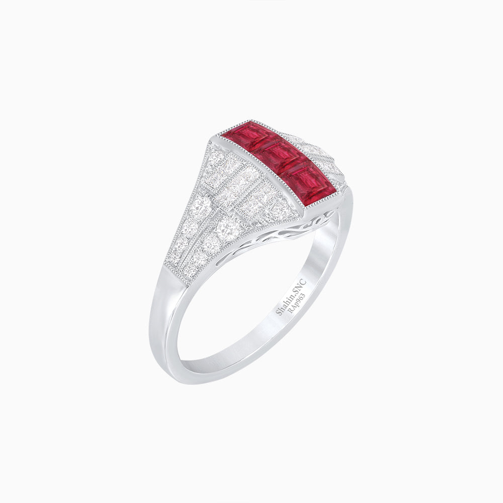 Art Deco Inspired Three-Stone Bezel Framed Ring with Diamond