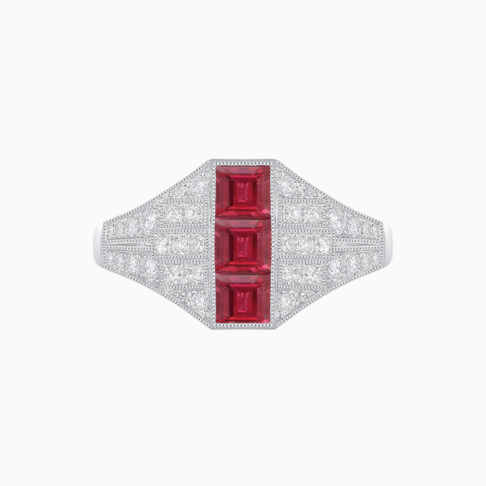 Art Deco Inspired Three-Stone Bezel Framed Ring with Diamond