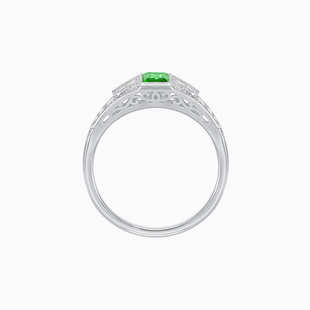 Art Deco Inspired Three-Stone Bezel Framed Ring with Diamond