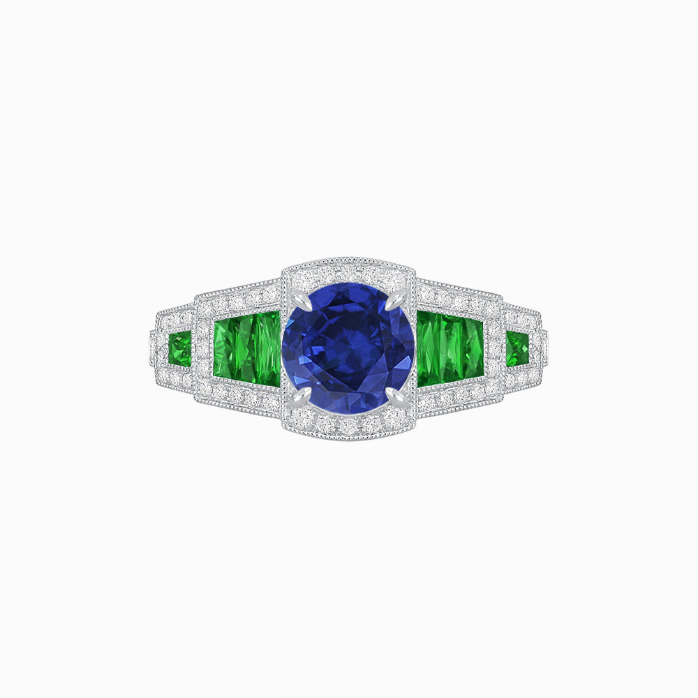 Art Deco Inspired Round Stepped Halo Gemstone & Diamond Ring