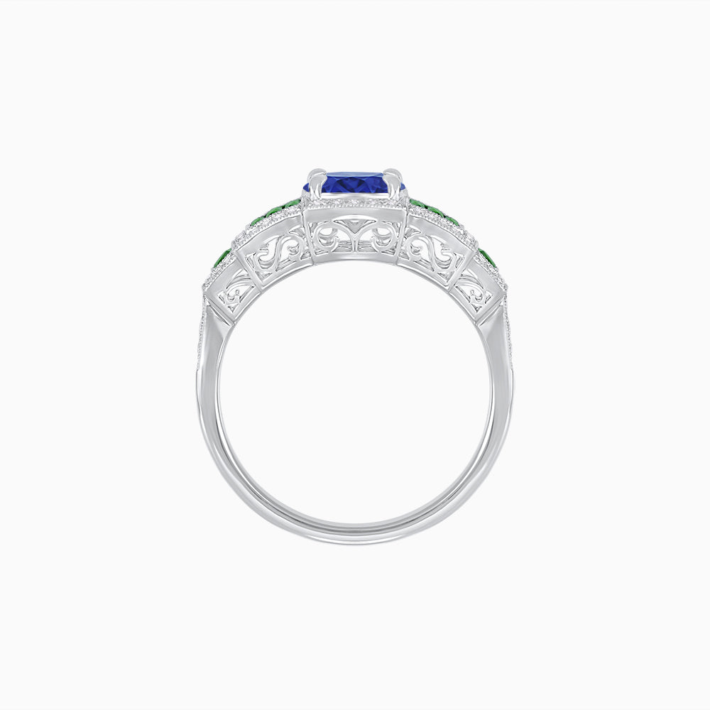 Art Deco Inspired Round Stepped Halo Gemstone & Diamond Ring