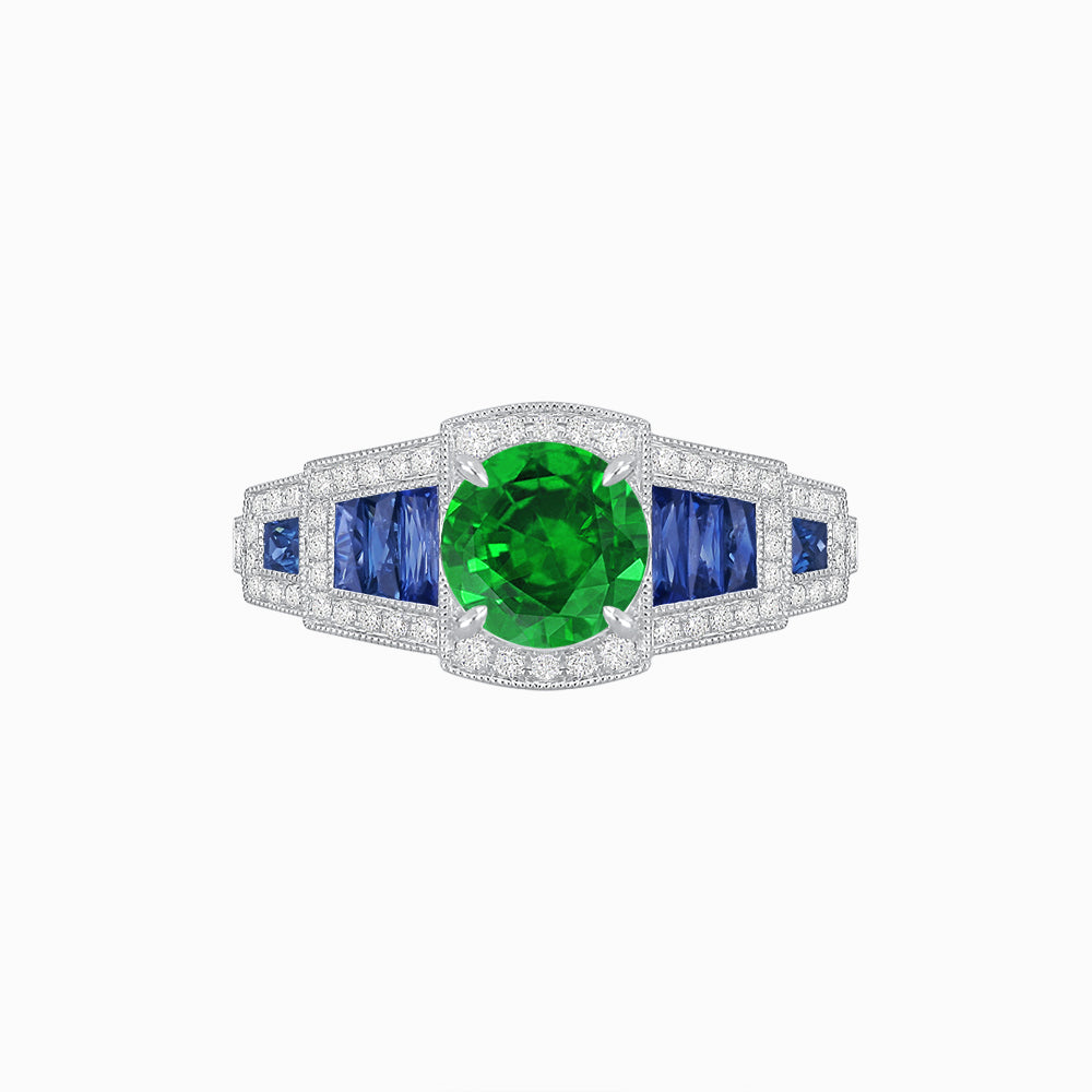 Art Deco Inspired Round Stepped Halo Gemstone & Diamond Ring