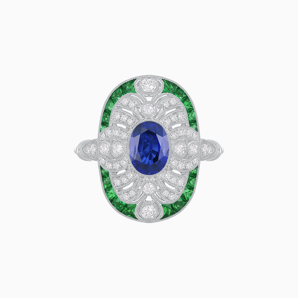Scarab Vintage Art Deco Style Cocktail Ring with Diamond and Gemstone
