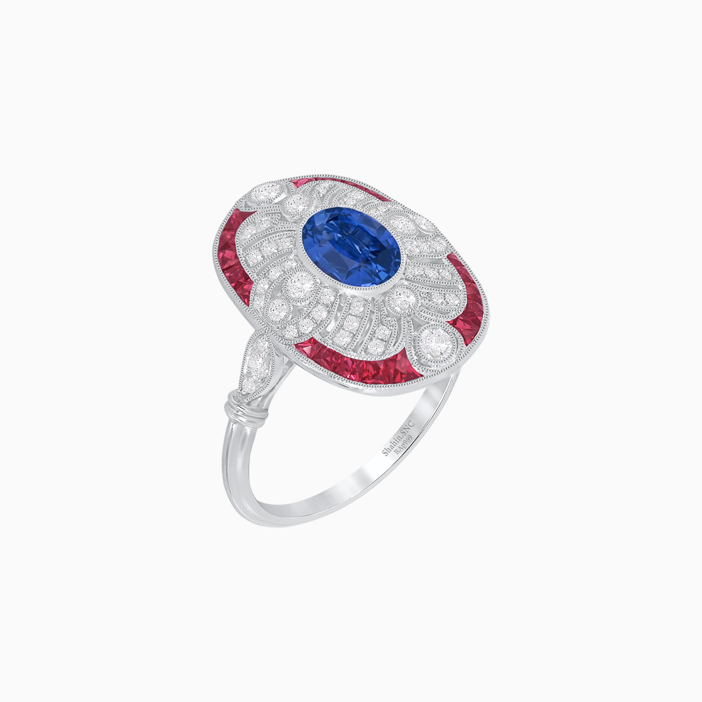 Scarab Vintage Art Deco Style Cocktail Ring with Diamond and Gemstone