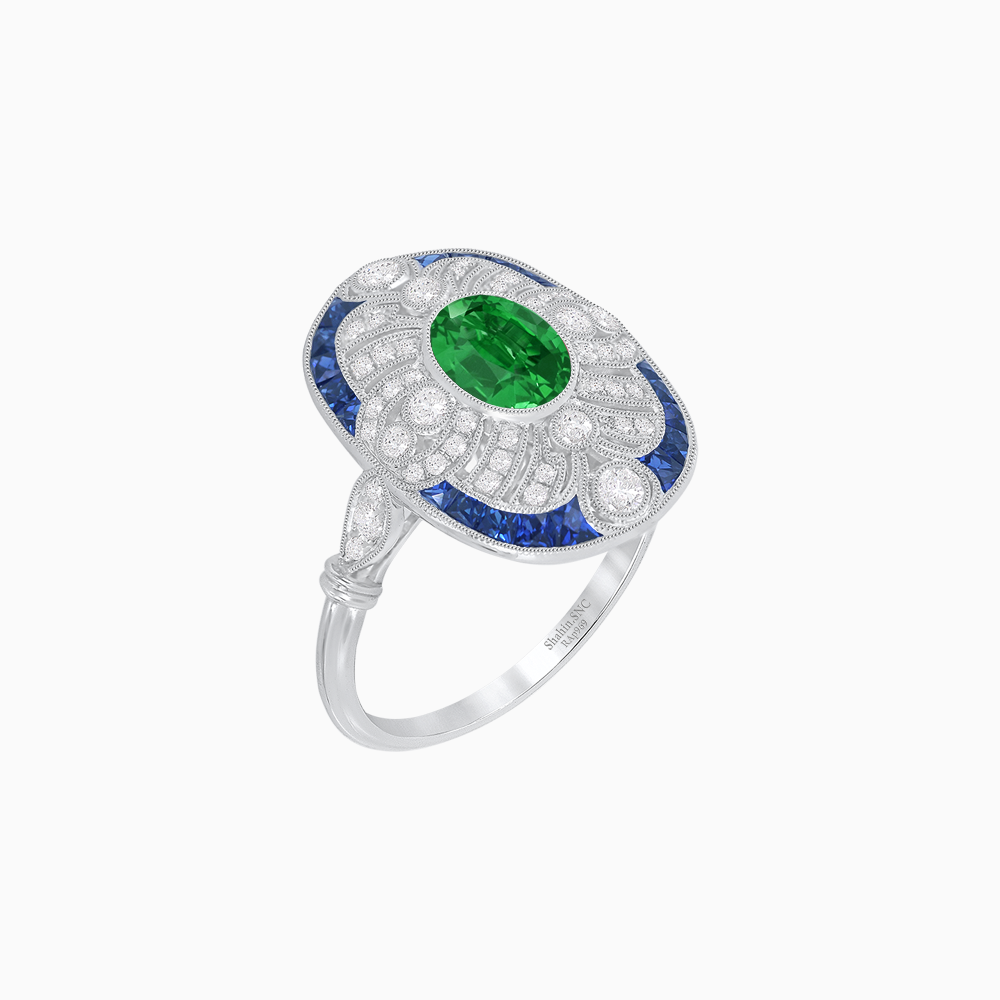 Scarab Vintage Art Deco Style Cocktail Ring with Diamond and Gemstone