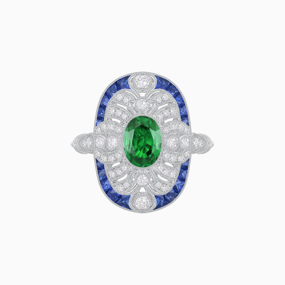Scarab Vintage Art Deco Style Cocktail Ring with Diamond and Gemstone